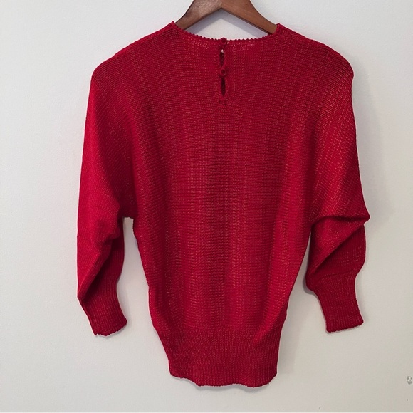 VTG 80s Style Red Women’s Sz. S  Puff Sleeve Sweater Fur Appliqué Stars Sequins - Picture 7 of 7